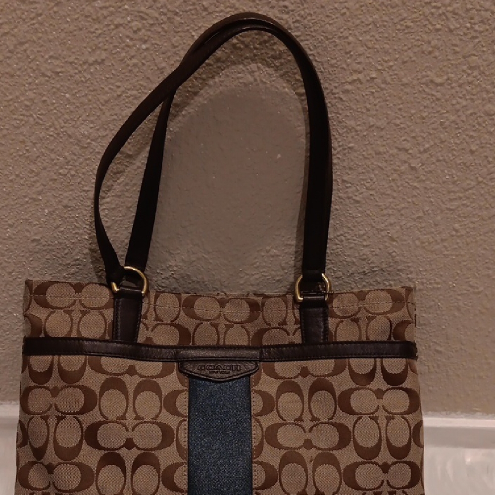Vintage Coach Tan and Teal Signature Shoulder Bag